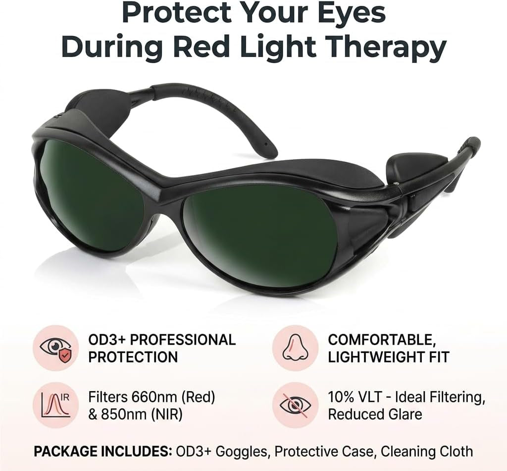 Professional Red Light Therapy Glasses, Eye Protection for Red & near Infrared Light Therapy, OD3+ Comfortable Goggles for Red Light Panel & Infrared Therapy